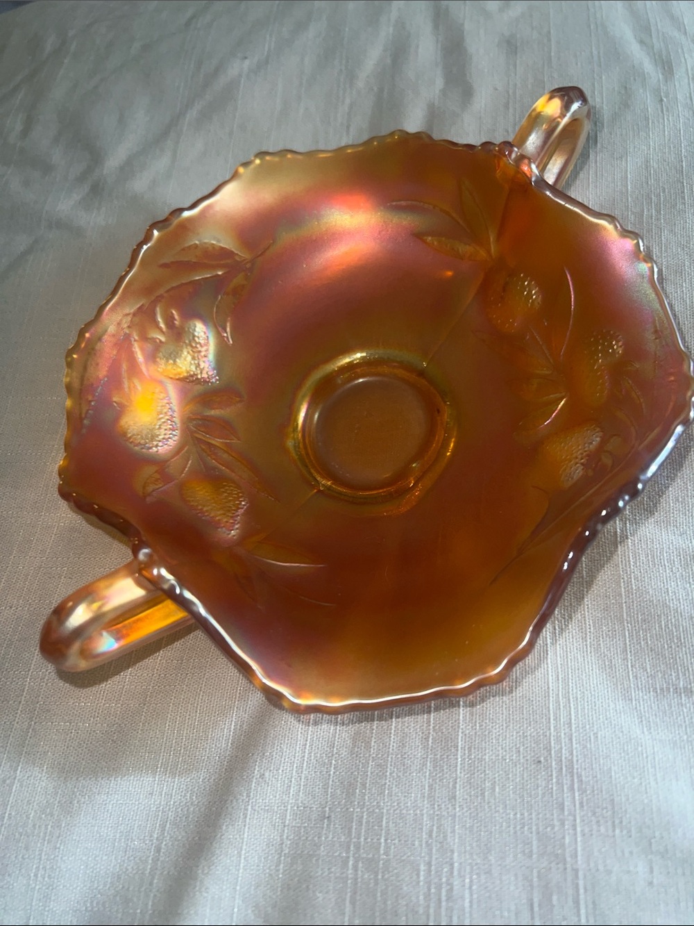 Fenton Iridescent Marigold Carnival Bonbon Dish, Strawberry Spigs Antique NWOT.